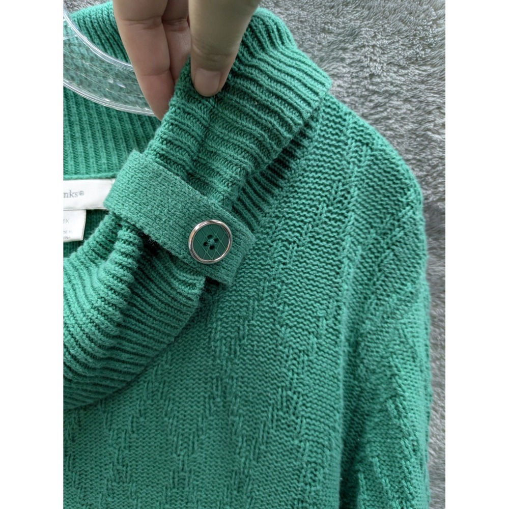 Preppy Sweater Women 1X Green Diamond Knit Cowl Neck Button Accent Cozy - Picture 4 of 8